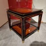 Square Burl-Veneer Sofa Side Table with Layered Top, Open Lower Shelf and Champagne Stainless Steel Details